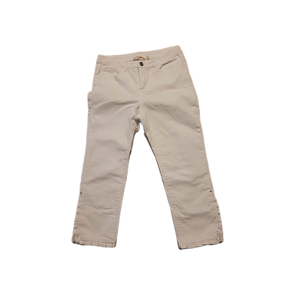 Soft Surroundings Beige Cropped Capri Pants Embellished Hem Button Fly Women 10P